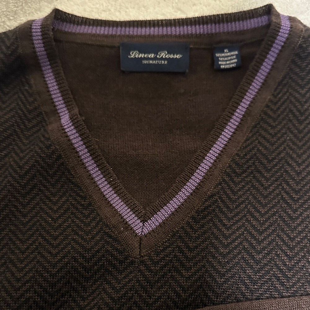Brooks Brothers Brown V-Neck Sweater with Purple Trim